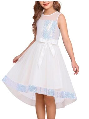 White Girls' Sparkle Tulle High-Low Dress with Bow